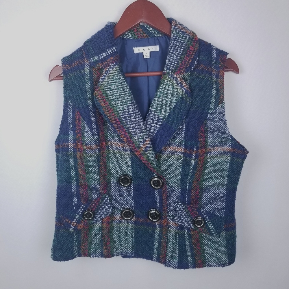 CAbi 908 Wool Blend Plaid Buttoned Vest Med